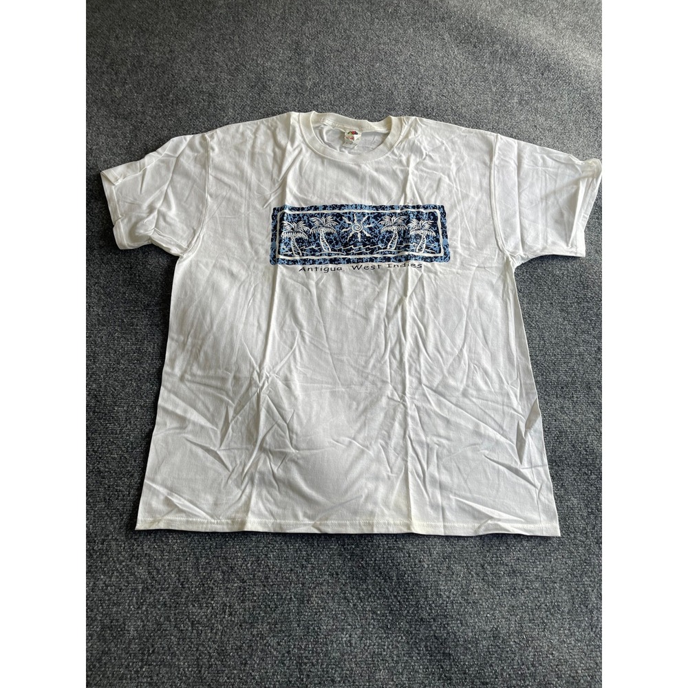 Fruit of the Loom Antigua West Indies Graphic T-Shirt Mens XL White Palm Trees